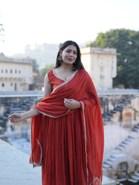 Jharoka Orange Pure Mul Anarkali set