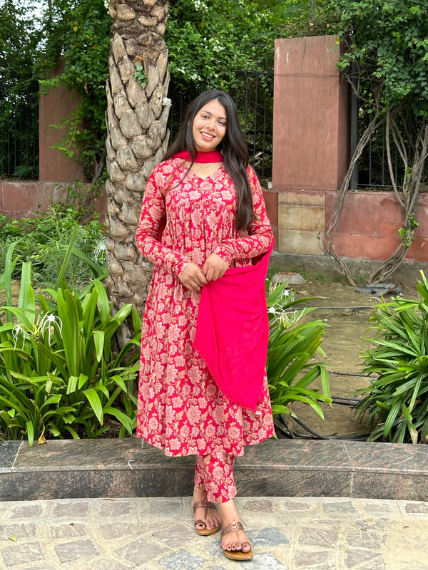 Coral Red Mohini Suit Set - Jonaya