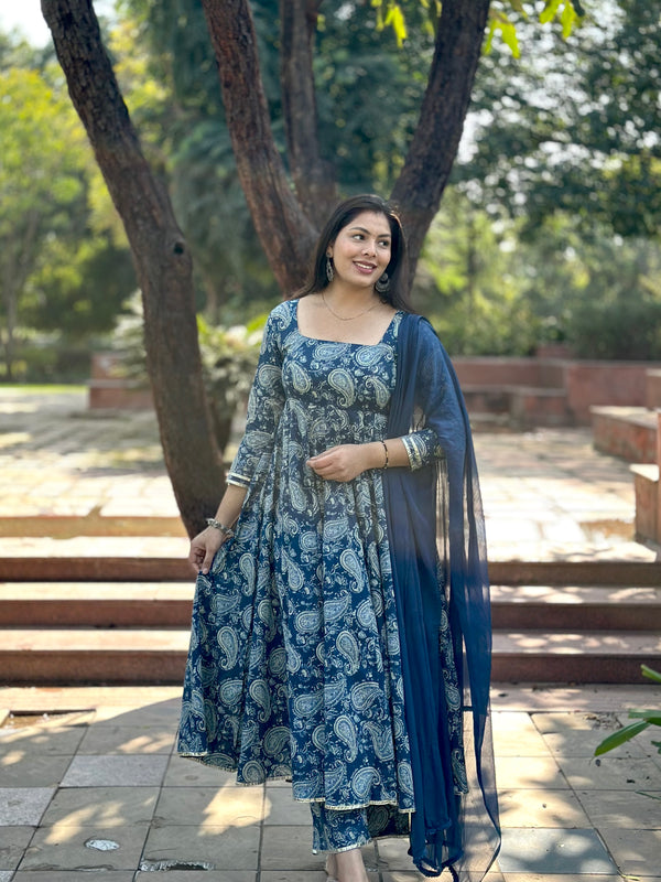 Indigo Paisley Heavy Flair Anarkali Suit Set - Jonaya