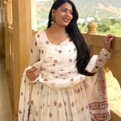 White pink petal handblock flare Anarkali Jonaya