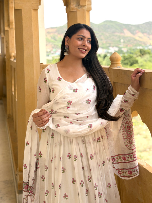 White pink petal handblock flare Anarkali Jonaya