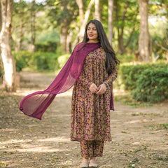 Wine printed floral suit set - Jonaya