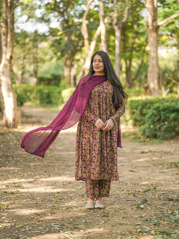 Wine Printed Floral Aliacut Suit Set - Jonaya