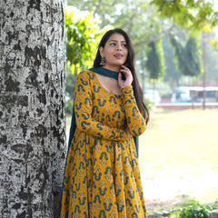 Gulmohar Mustard Anarkali suit set Jonaya