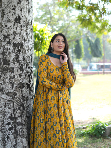 Gulmohar Mustard Anarkali suit set Jonaya