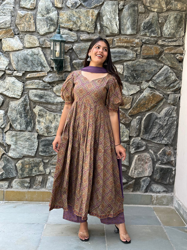 Lavender Beige Flare Suit Set - Jonaya