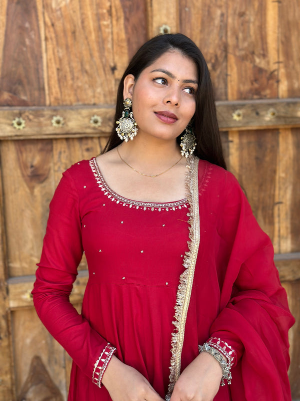 Shagun Laal Lux Anarkali Suit Set - Jonaya