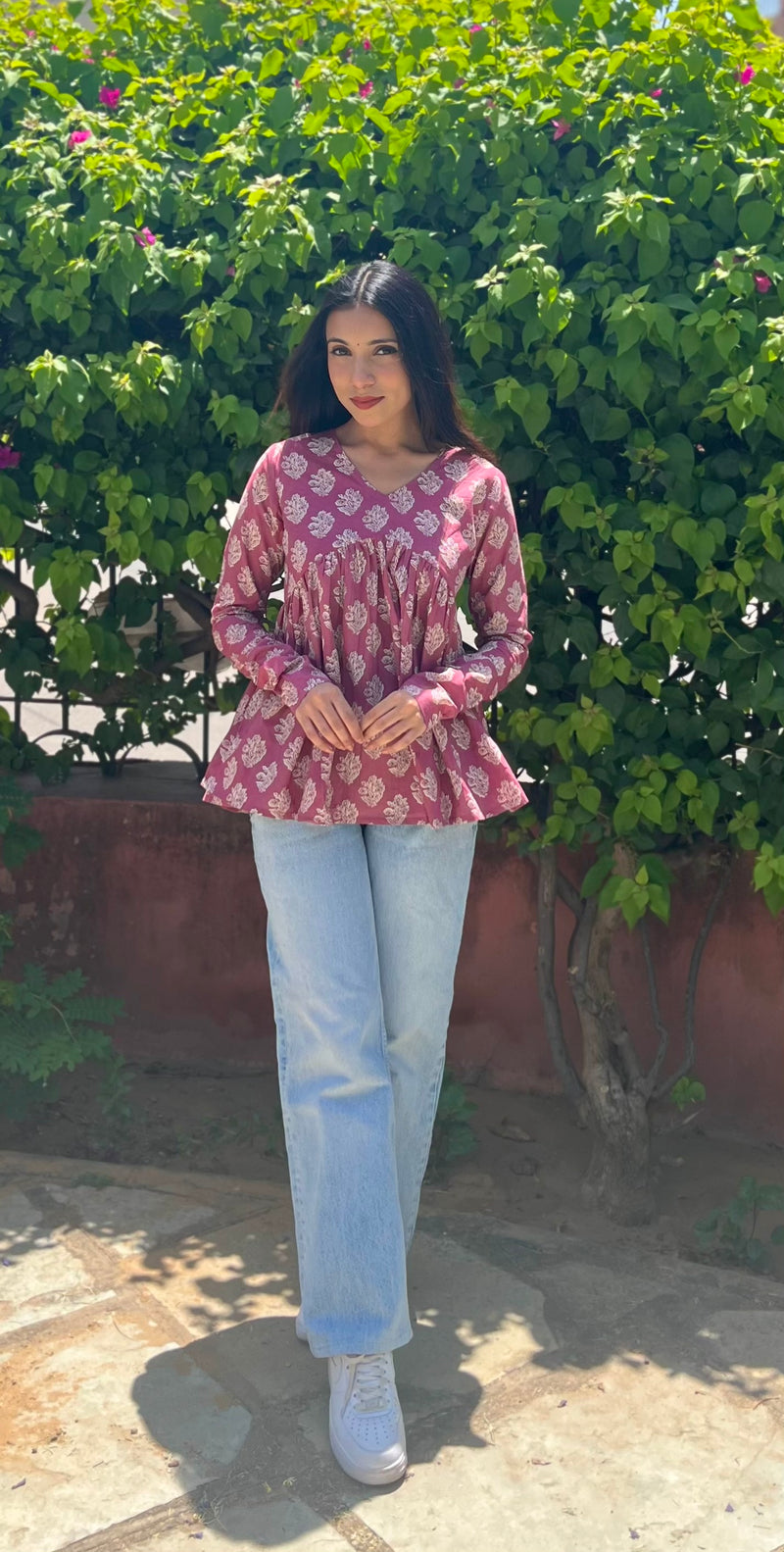 Pink block floral full sleeves Peplum top - Jonaya