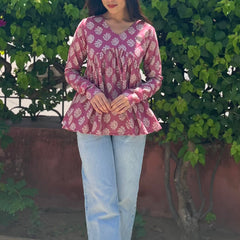 Pink block floral full sleeves Peplum top - Jonaya
