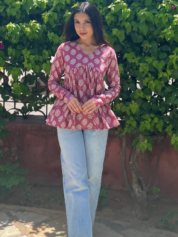 Pink Block Floral Full Sleeves Peplum Top - Jonaya
