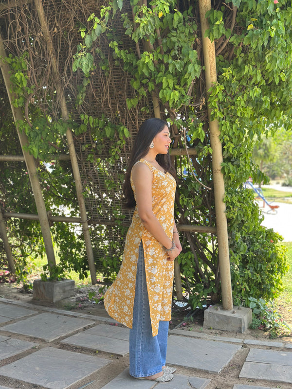 Yellow Noor Floral Straight Kameez - Jonaya