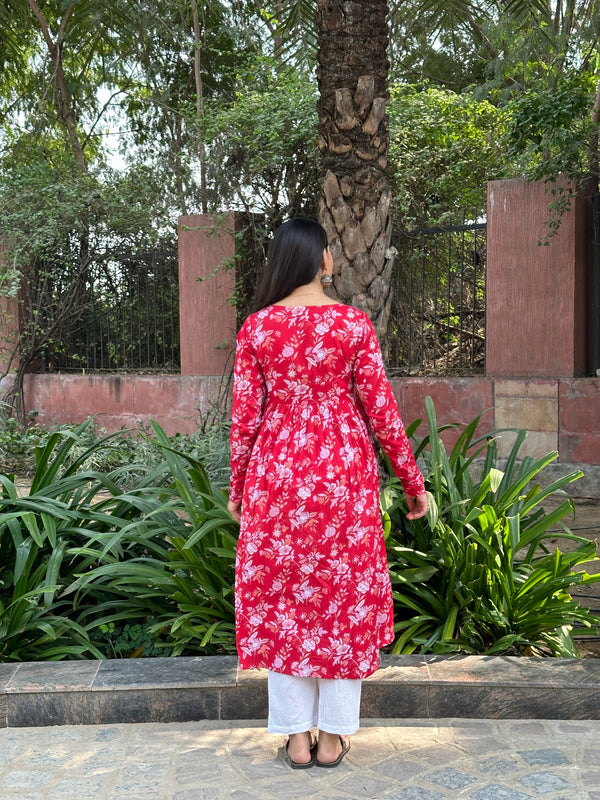 Red White Floral Anarkali Kameez - Jonaya