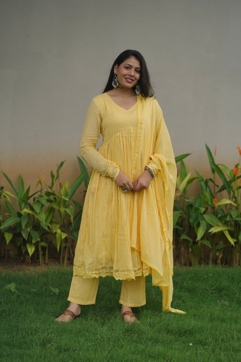 Butter yellow mul cotton flair suit set Jonaya