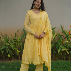 Butter yellow mul cotton flair suit set Jonaya