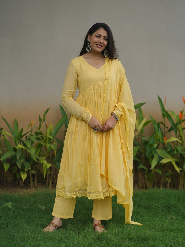Butter Yellow Mul Cotton Flare Suit Set - Jonaya