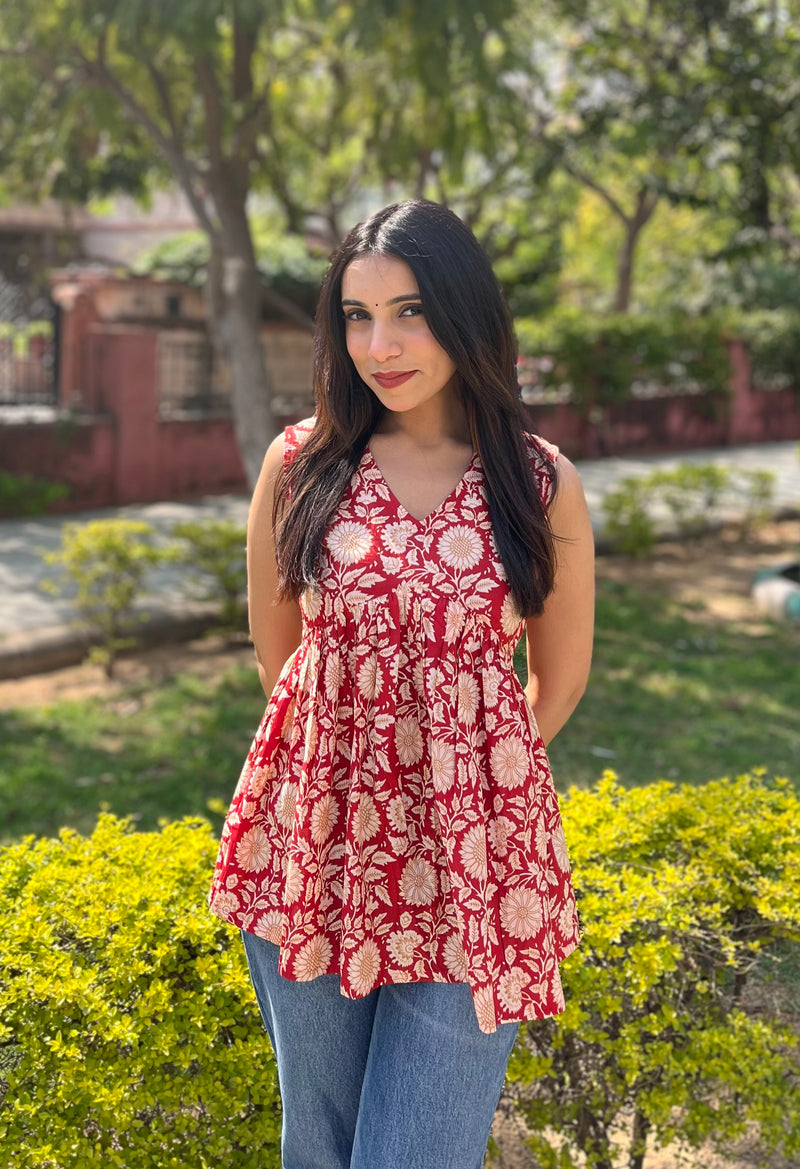 Red sunflower Cut Sleeve peplum top - Jonaya