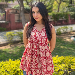 Red sunflower Cut Sleeve peplum top - Jonaya