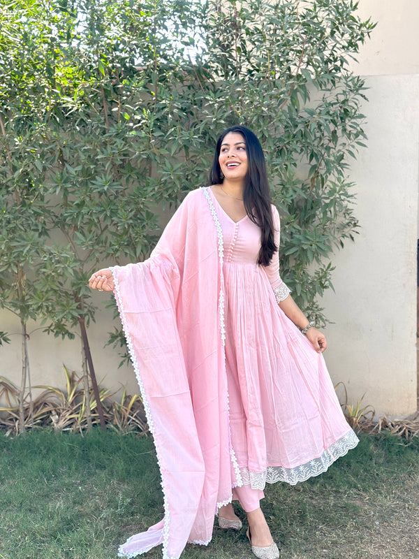 Baby Pink Mul Cotton Flare Suit Set - Jonaya