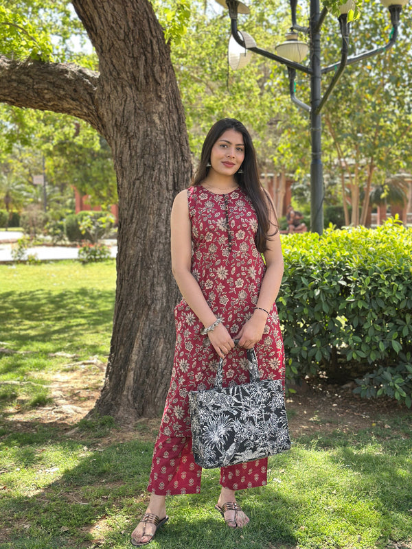 Maroon Black Floral Co-ord Set - Jonaya