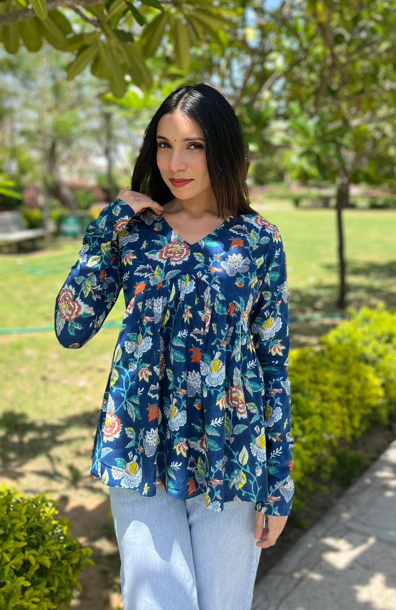 Indigo bloom full sleeve Peplum top - Jonaya