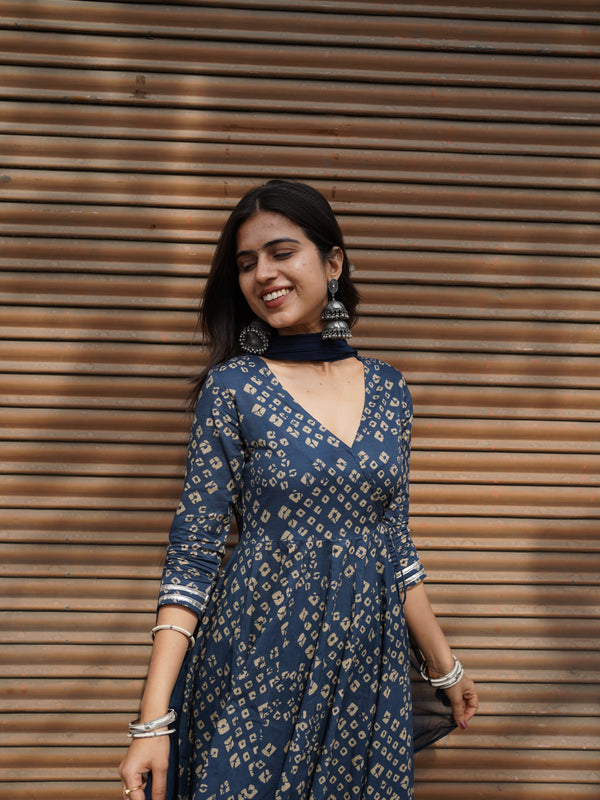 Blue Bhandej Anarkali Suit Set - Jonaya