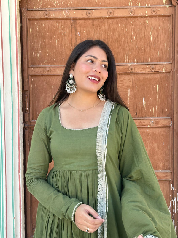 Pure Mul Cotton Mehndi Festive Flare Suit Set - Jonaya