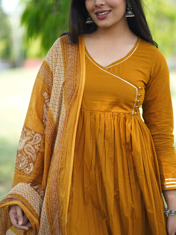 Mustard Solid Angrakha Potli Flare Suit Set - Jonaya
