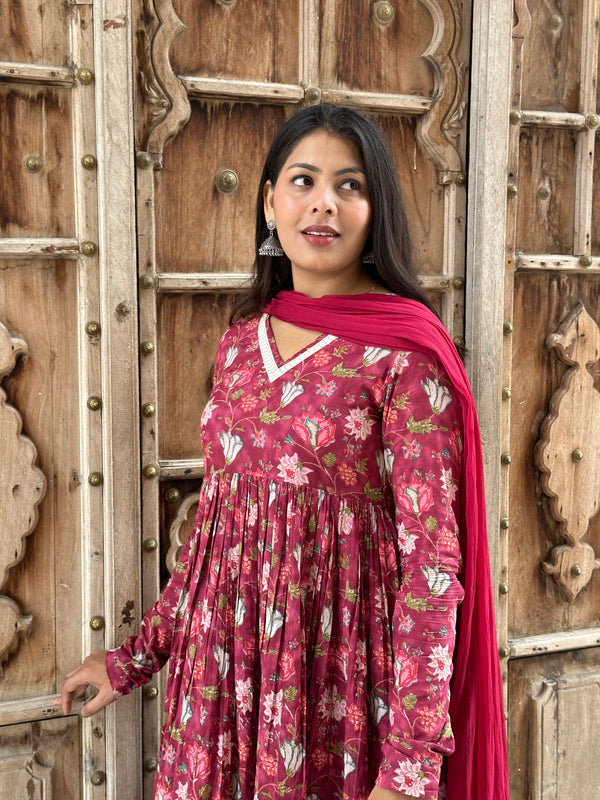 Rosewood Anarkali Lace Flare Suit Set - Jonaya