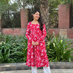 Red White floral Anarkali kameez - Jonaya