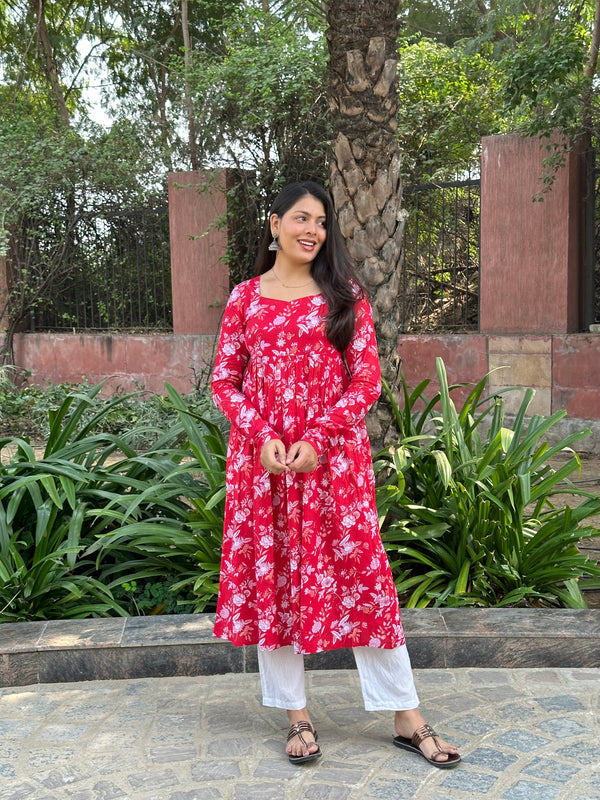 Red White Floral Anarkali Kameez - Jonaya