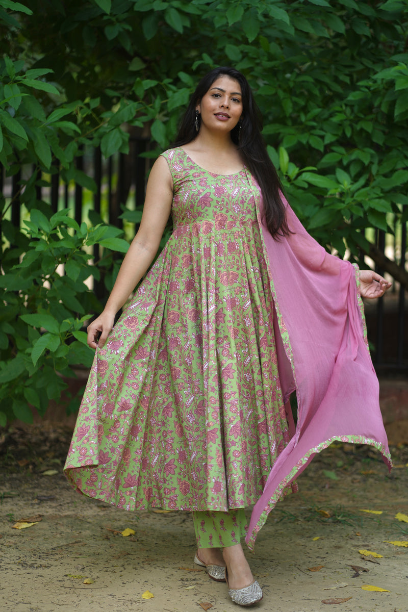 Green Purple floral Anarkali set - Jonaya