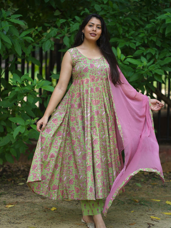 Green Purple floral Anarkali set - Jonaya