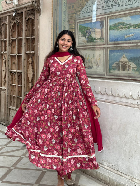Rosewood Anarkali lace suit set - Jonaya