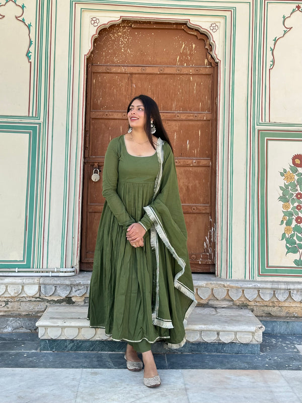 Pure Mul Cotton Mehndi Festive Flare Suit Set - Jonaya