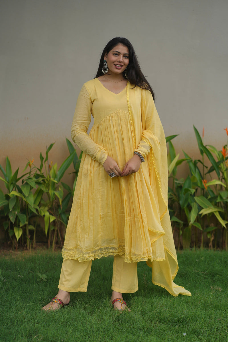 Butter yellow mul cotton flair suit set Jonaya