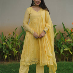 Butter yellow mul cotton flair suit set Jonaya