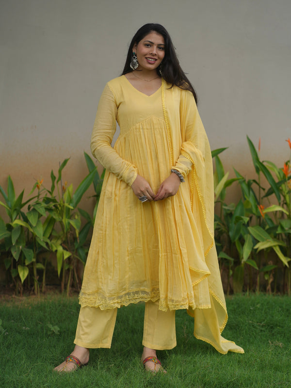 Butter Yellow Mul Cotton Flare Suit Set - Jonaya