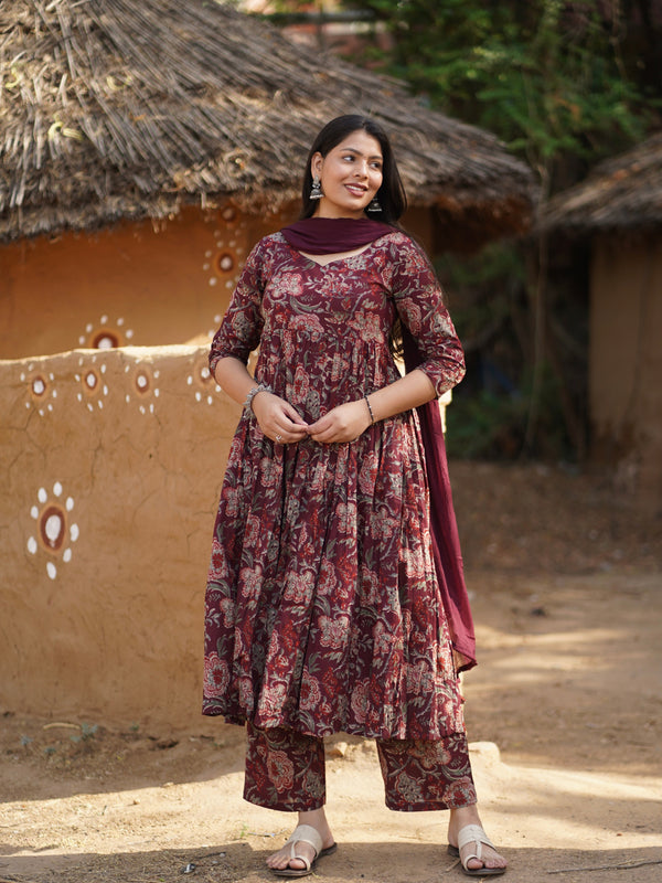 Grey Wine Rose Flare Suit Set - Jonaya