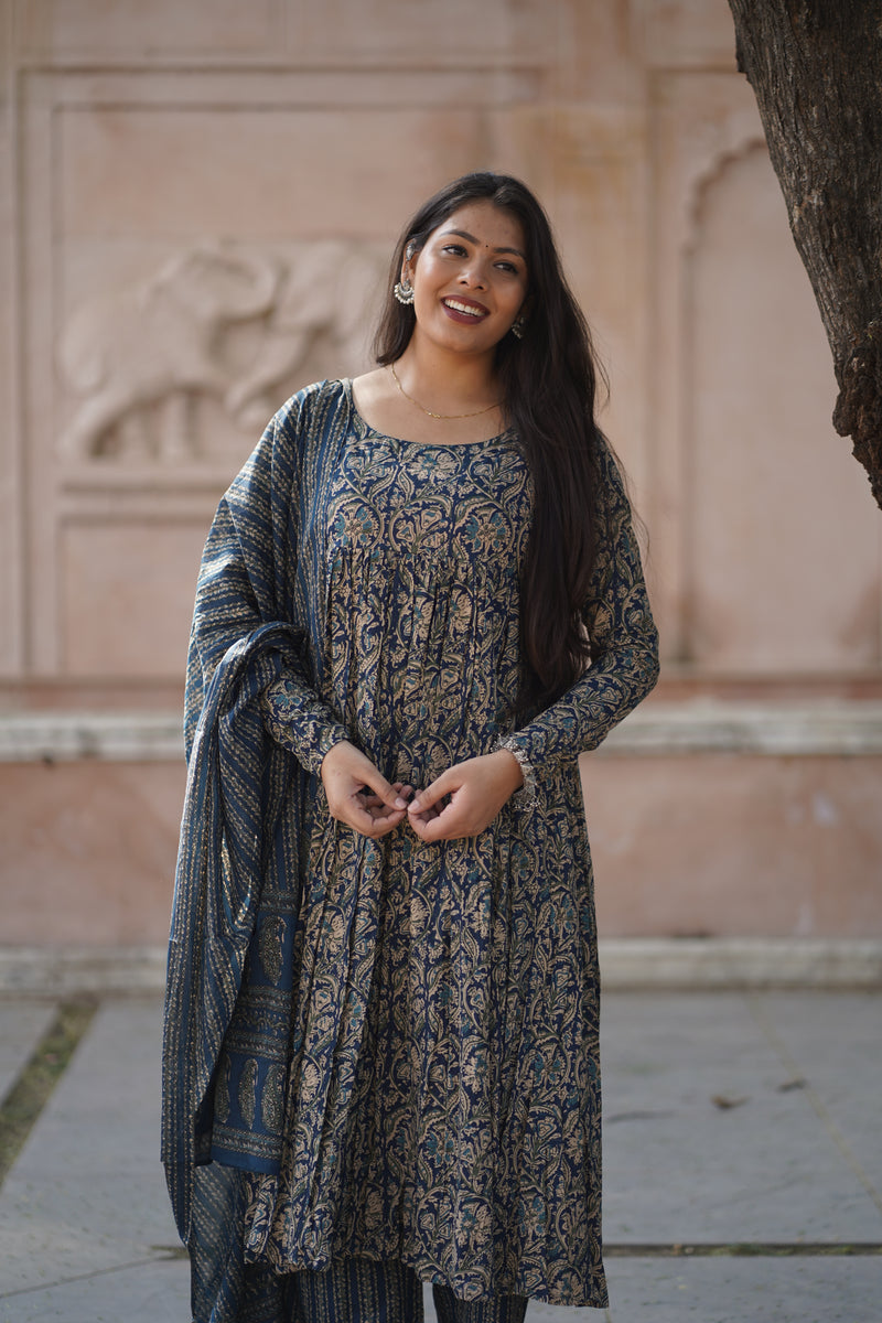 Blue kalamkari anarkali suit set