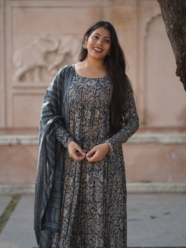 Blue kalamkari anarkali suit set