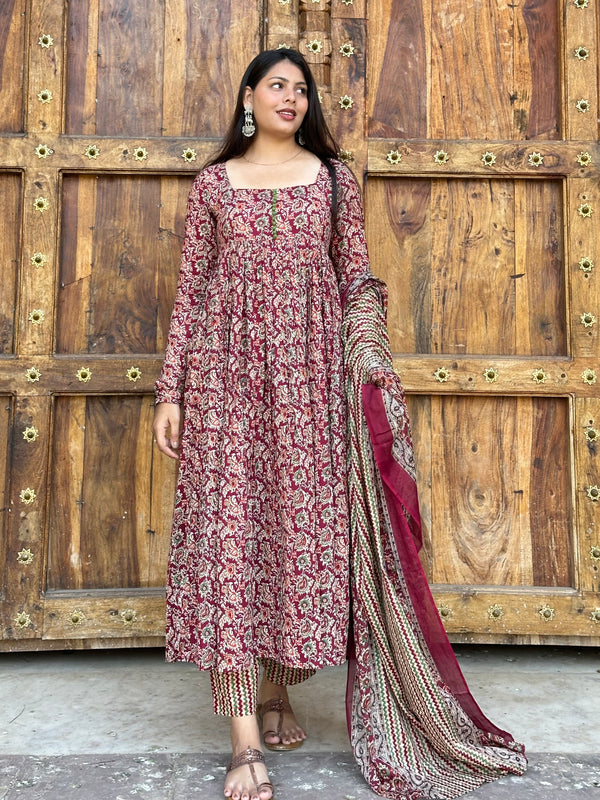 Maroon Kalamkari Flare Suit Set - Jonaya
