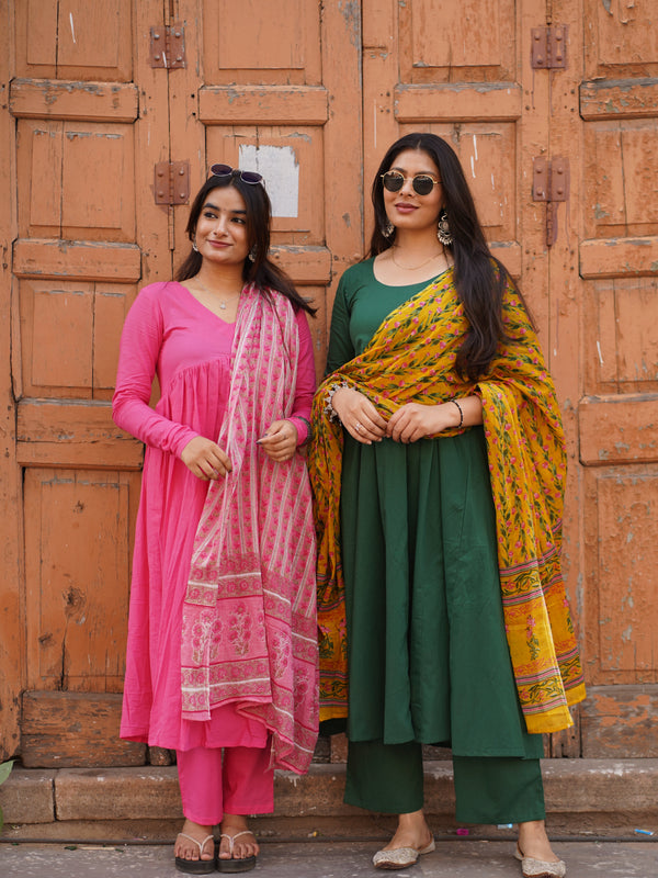 Green Solid Floral Anarkali Suit Set - Jonaya