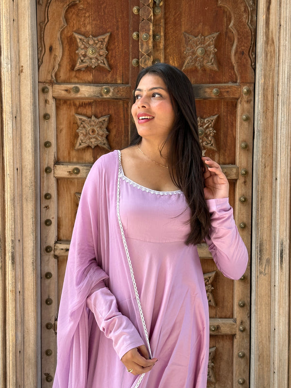 Butter Purple White Lace Flare Suit Set - Jonaya