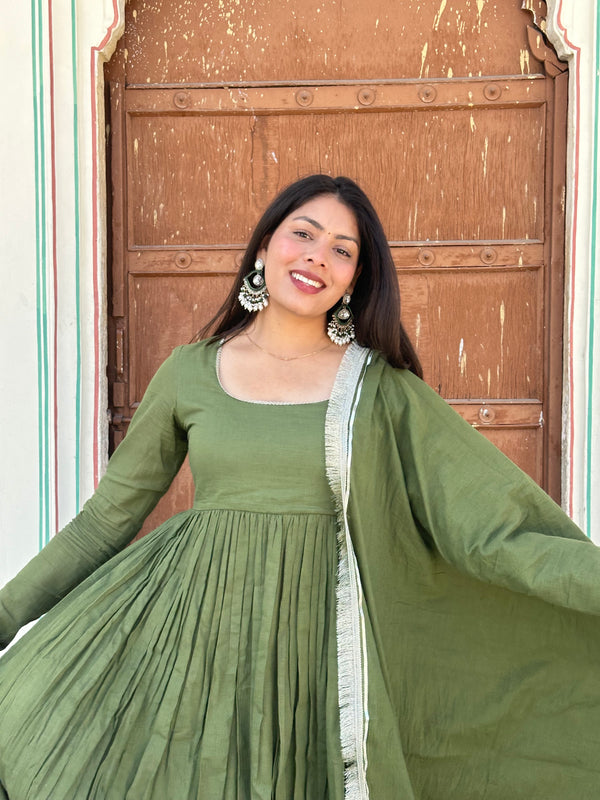 Pure Mul Cotton Mehndi Festive Flare Suit Set - Jonaya