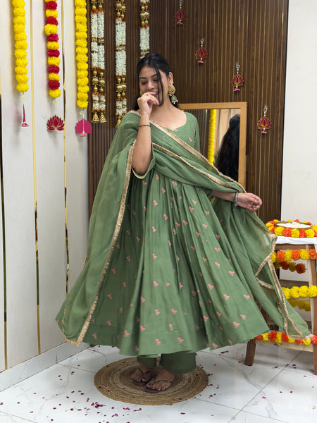Pista Gulab Embroidery festive Anarkali set Jonaya
