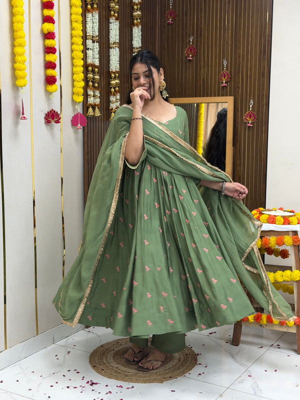 Pista Gulab Embroidery festive Anarkali set Jonaya