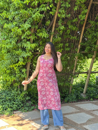Pink white floral straight kameez