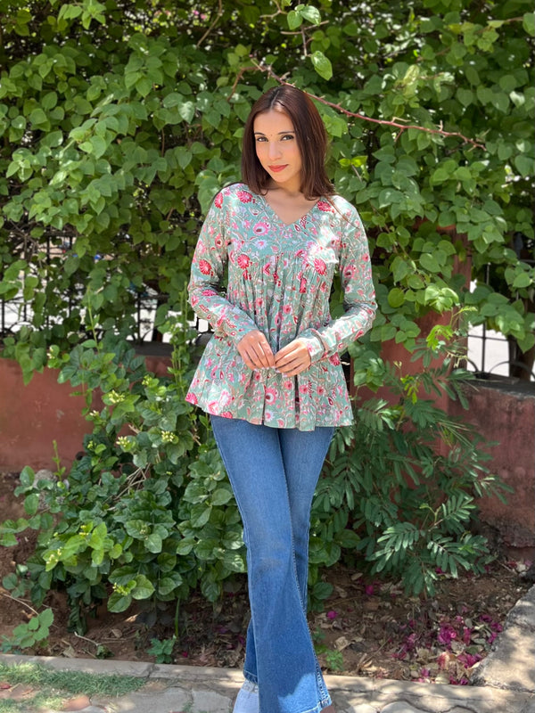 Soft Rose Green Full Sleeves Peplum Top - Jonaya