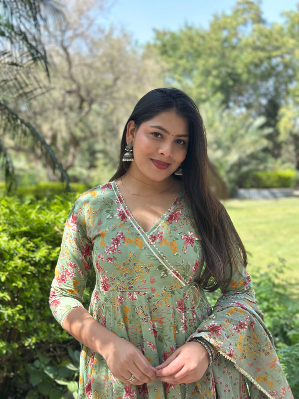 Pista Green Angrakha Gota Lace Anarkali Suit Set - Jonaya