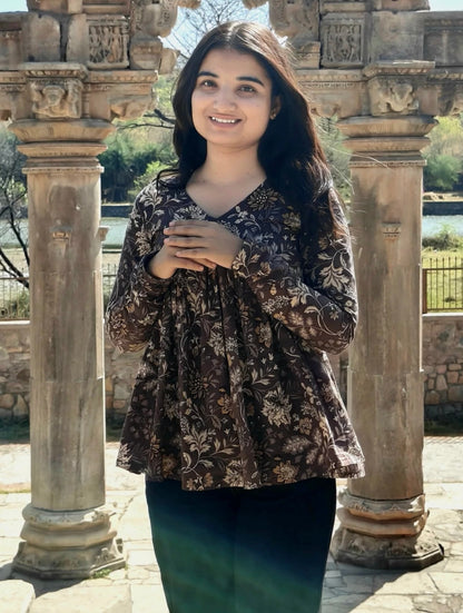 Brown floral full sleeves Peplum top